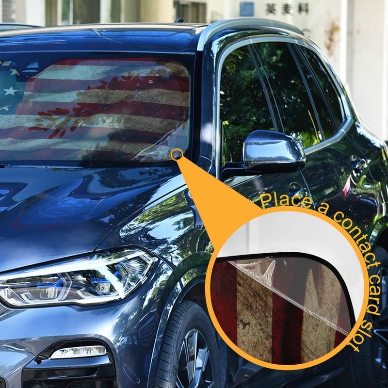 senya Grunge American Flag Car Windshield Sunshade Foldable Reflective Sun Shade Blocks UV Rays - Image 3